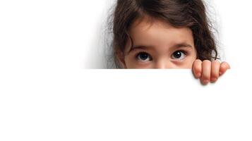 A little girl peeking over a white wall photo