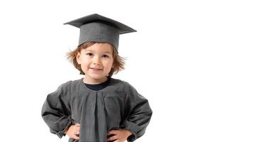 un joven niño vistiendo un graduación vestido y gorra foto