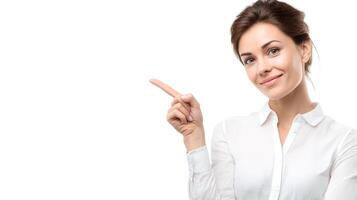 A woman in a white shirt pointing at something photo