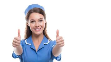 A woman in a blue uniform is giving a thumbs up photo