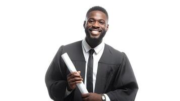 A man in a graduation gown holding a diploma photo
