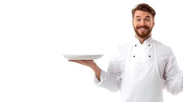 A man in a chef's uniform holding a plate photo