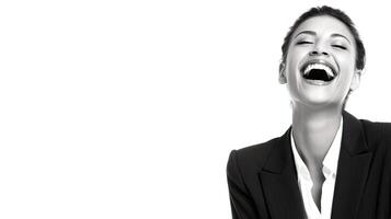 A woman laughing in a black and white photo