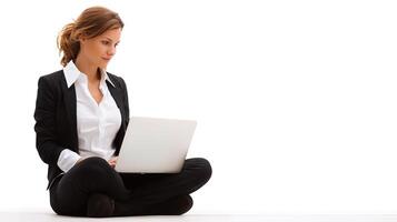 A woman in a business suit sitting on the floor with a laptop photo