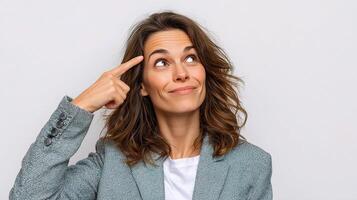 A woman in a suit is looking up at something photo