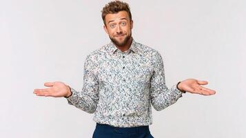 A man in a floral shirt and blue pants is holding his hands out photo