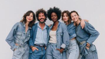 Five people in denim jackets posing for a photo