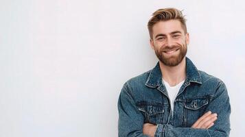 A man with a beard and a denim jacket standing in front of a white wall photo