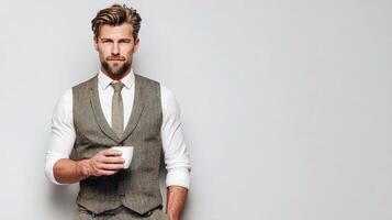 A man in a vest holding a coffee cup photo