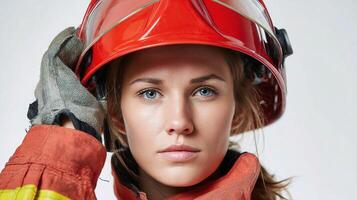 A woman in a fireman's uniform holding her hand to her head photo