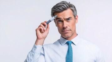 A man in a shirt and tie holding a toothbrush photo