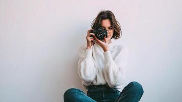 A woman in a sweater holding a camera photo