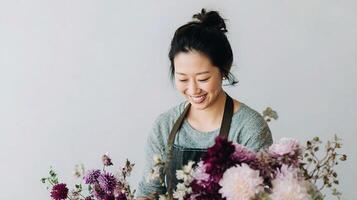 A woman is smiling while holding a bunch of flowers photo