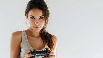 A woman holding a game controller photo