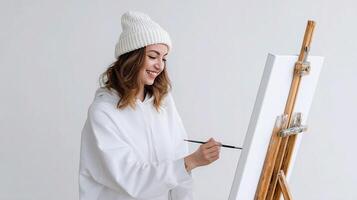 A woman in a white hat is holding a brush and painting on an easel photo