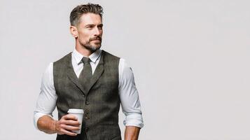 A man in a vest and tie holding a coffee cup photo