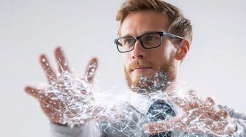 A man in glasses and a tie is holding up a network of dots photo