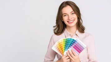 A woman holding a color swatch photo