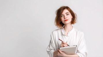 A woman holding a pen and writing on a notepad photo