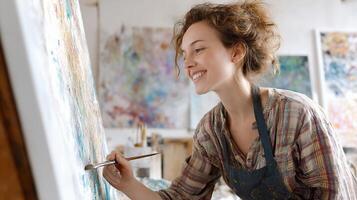 A woman is smiling while painting on an easel photo