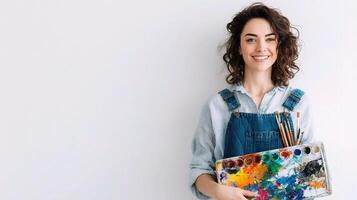 un mujer participación un pintar paleta y pintar cepillo foto