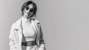 A woman in a white coat and sunglasses photo