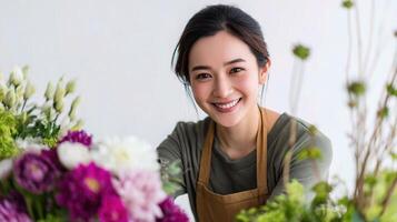 A woman is smiling while holding a bouquet of flowers photo