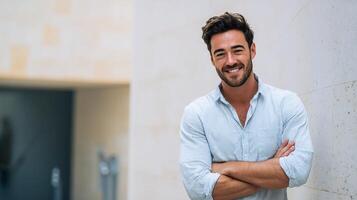A man with a beard and a smile standing in front of a wall photo