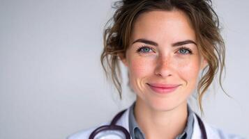 A woman in a doctor's coat smiling photo