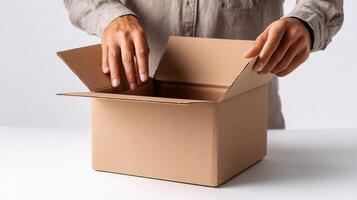 A person opening a cardboard box photo
