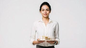 A woman holding a model of a house photo