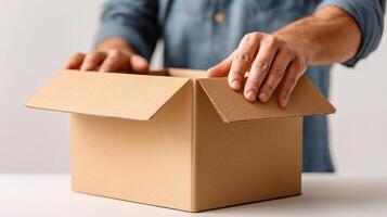 A man is opening a cardboard box photo