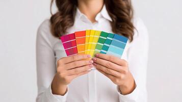 A woman holding a color swatch in front of her photo