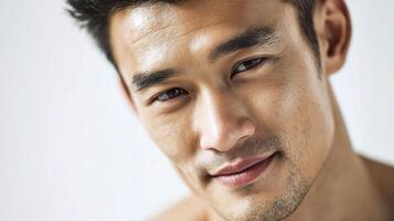 A man with no shirt on looking at the camera photo
