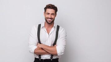 A man with a beard and suspenders standing in front of a white background photo