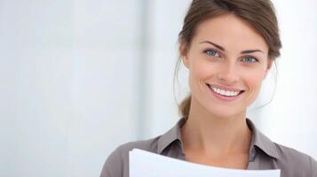 A woman is smiling and holding a piece of paper photo