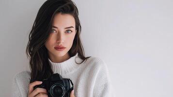 A woman holding a camera in front of her photo