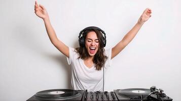 A woman with headphones on playing music photo