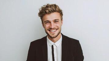 Portrait of a smiling young man in black suit and white shirt photo