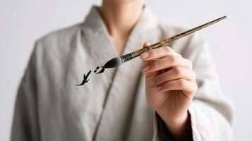 A woman holding a brush and writing a word photo