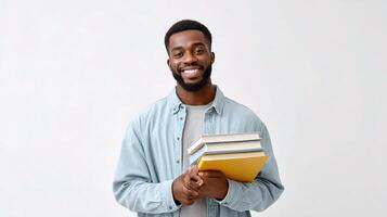 A smiling black man holding a stack of books photo