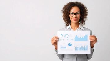 A woman in a business suit holding a piece of paper with graphs on it photo