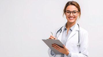 A smiling woman in a white coat holding a clipboard photo