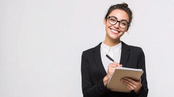 A woman in a suit and glasses is holding a notepad photo