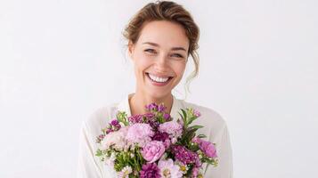 A woman is smiling holding a bouquet of flowers photo
