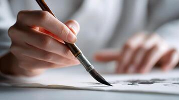 A person is holding a brush and writing on paper photo