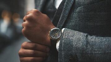 A man in a suit and tie is wearing a watch photo