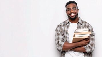 A smiling black man holding books and smiling photo