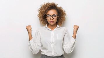 A woman with glasses and a shirt is raising her arms photo