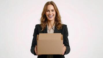 A woman in a business suit holding a cardboard box photo